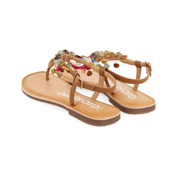 Gioseppo sandalo infradito in pelle con pi cuoio con perline e pietre multicolor