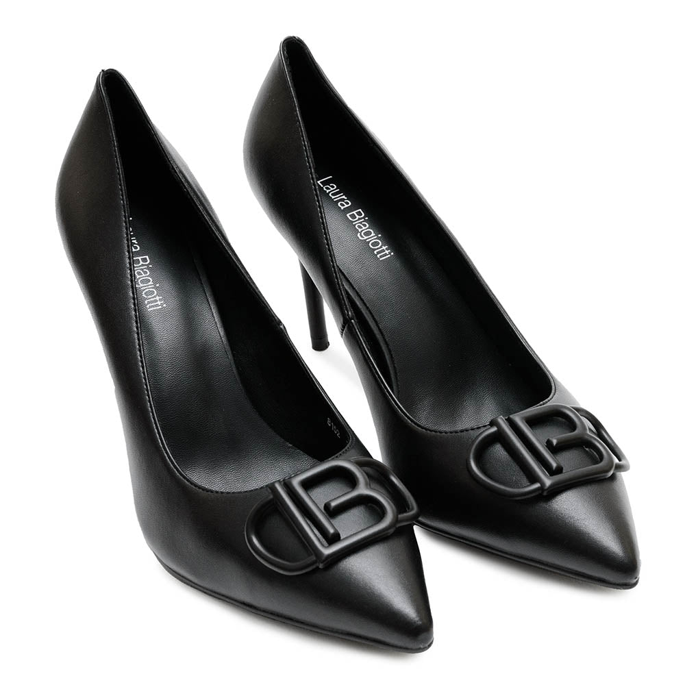 Laura Biagiotti decollete nero tacco 7 a spillo con applicazione logo nero sullo