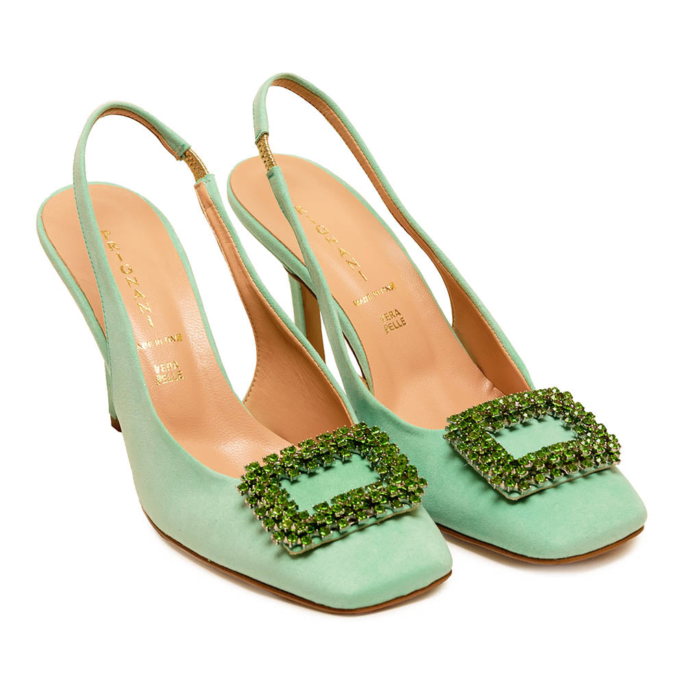 Prignani sandalo Sling bach in camoscio verde con applicazione punta quadra tacc