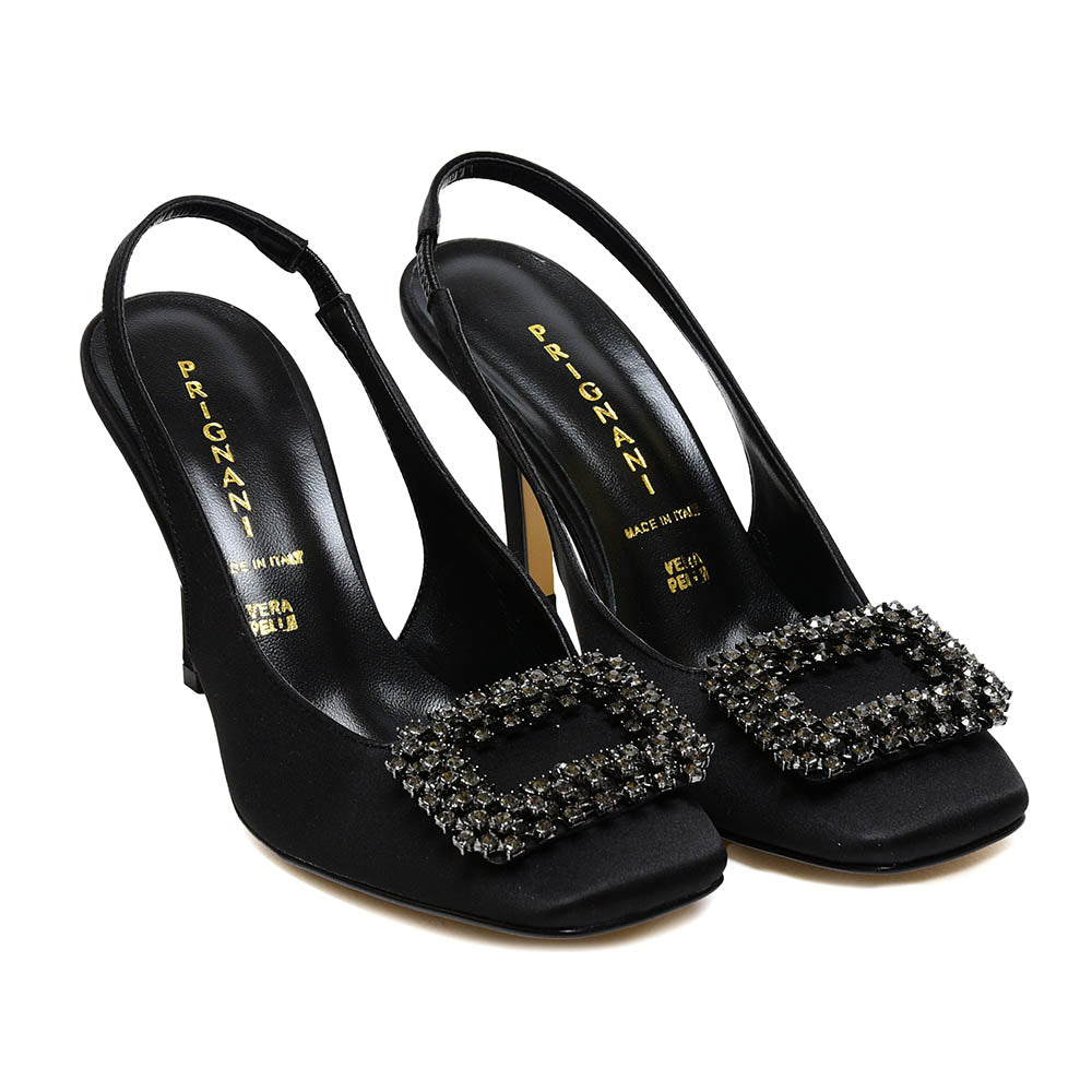 Prignani sandalo Sling bach nero di raso con applicazione punta quadra tacco sot