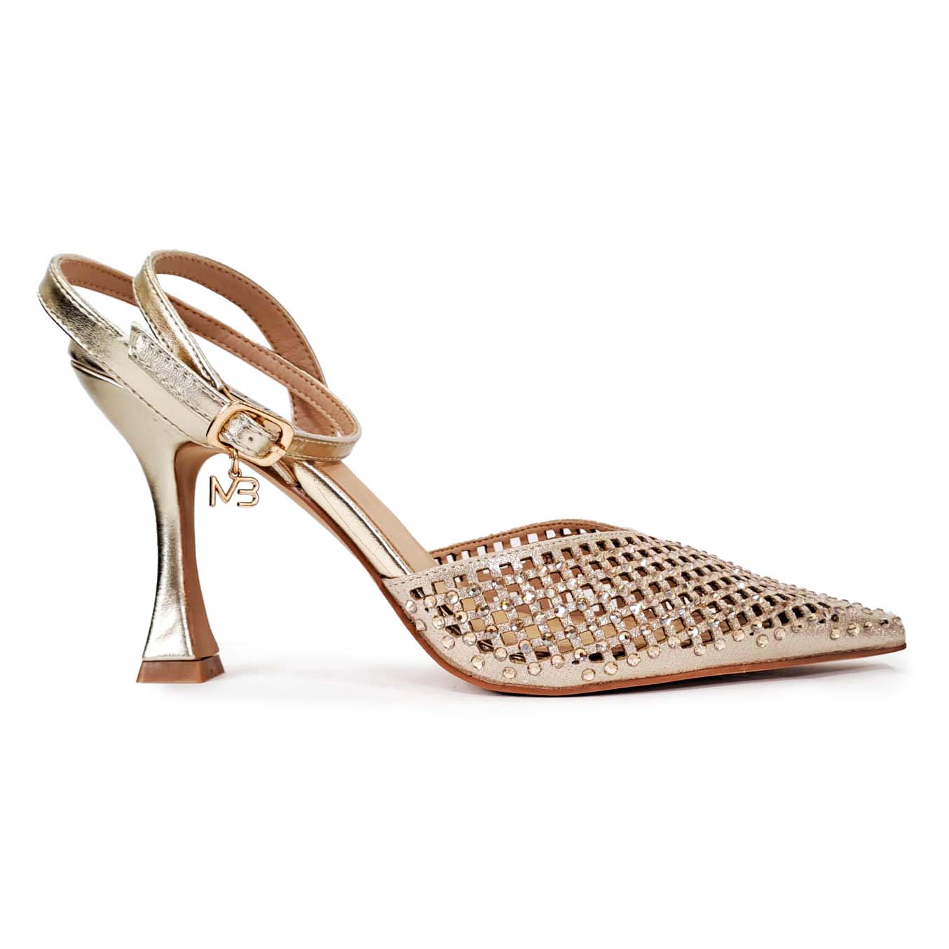 MIABELLE Sligback in pelle platino con cinturino alla caviglia strass tacco 95