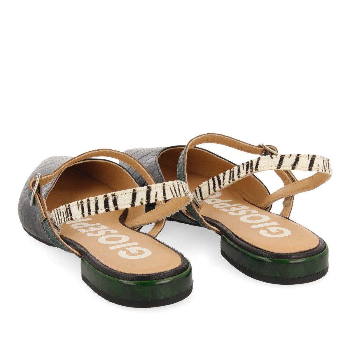 Gioseppo sandalo sabot nero in stampa cocco con doppia fascia fantasia zebrata e