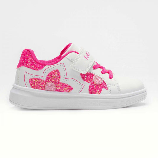 Lelli Kelly sneakers bianca con strappo e fiore glitterato fucsia gomma ultralig
