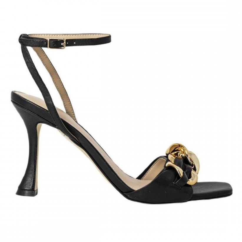 Guess donna sandalo nero con fascia e catena intrecciata  in oro tacco a rocchet