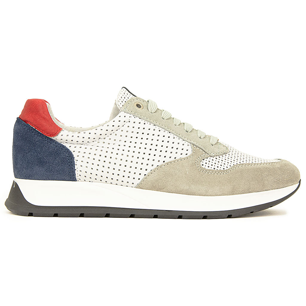 Exton sneakers bianca lacci  pelle traforata con inserti in camoscio beige blu r