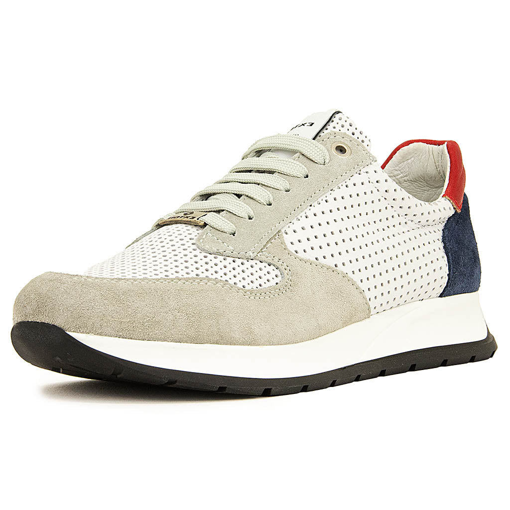 Exton sneakers bianca lacci  pelle traforata con inserti in camoscio beige blu r