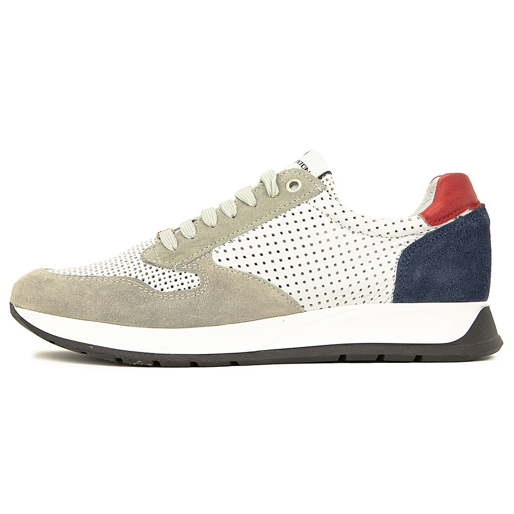 Exton sneakers bianca lacci  pelle traforata con inserti in camoscio beige blu r