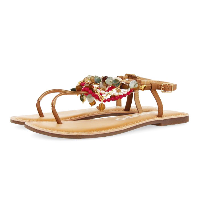 Gioseppo sandalo infradito in pelle con pi cuoio con perline e pietre multicolor
