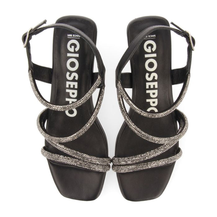 Gioseppo sandali in pelle neri con tacco e brillantini argento