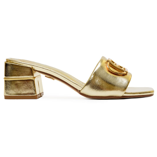 Laura Biagiotti sandalo ciabatta oro con  applicazione logo nera  tacco 5