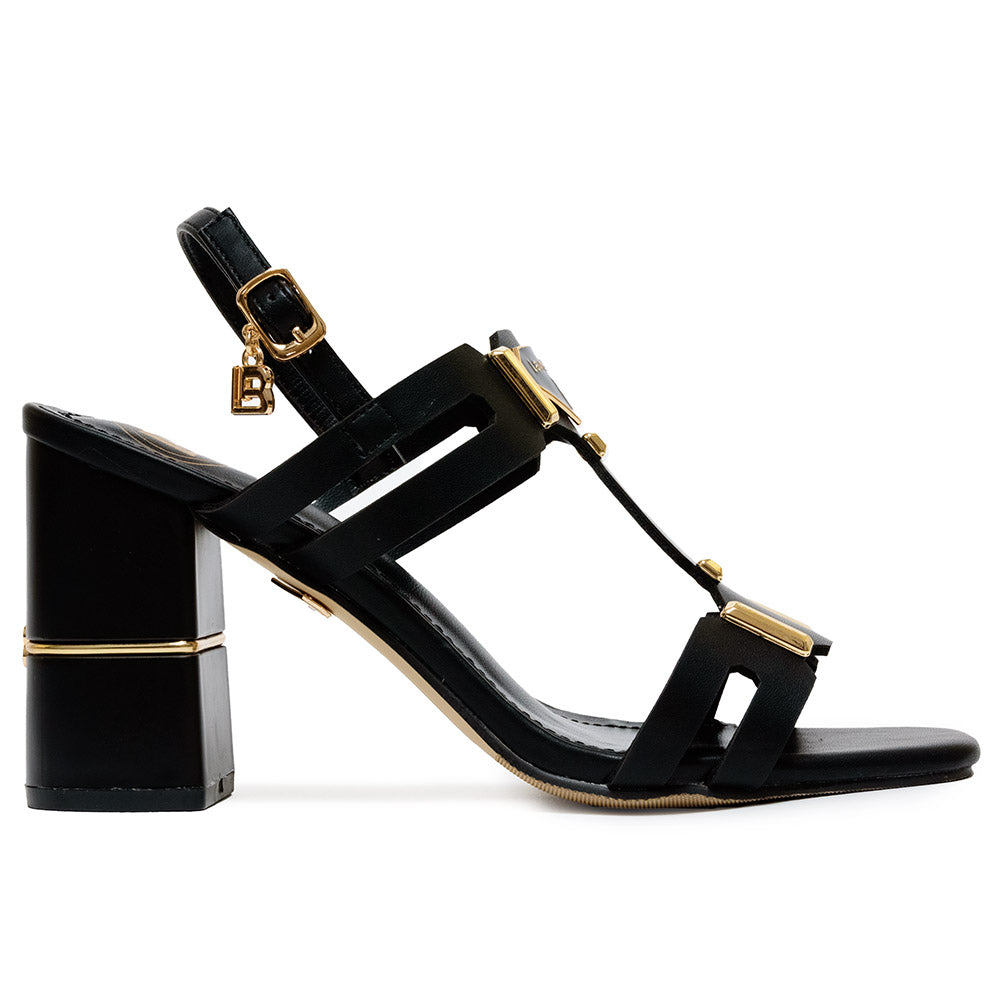 Laura Biagiotti sandalo a fasce e cinturino nero con applicazioni e logo in oro