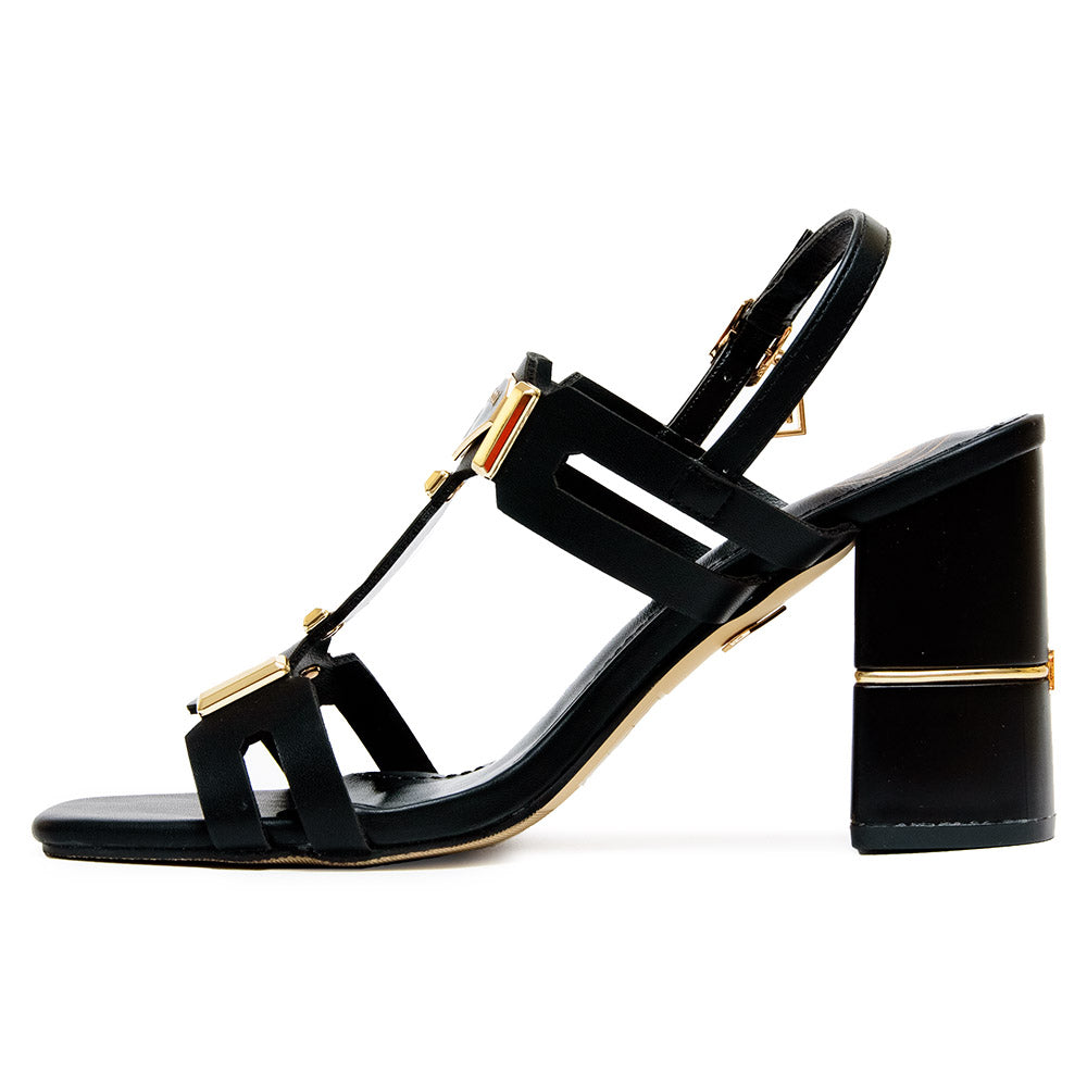 Laura Biagiotti sandalo a fasce e cinturino nero con applicazioni e logo in oro