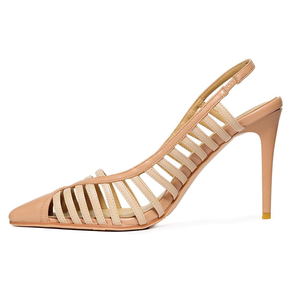 Laura Biagiotti sandalo slingback nude a strisce con tacco 10 e punta sottile