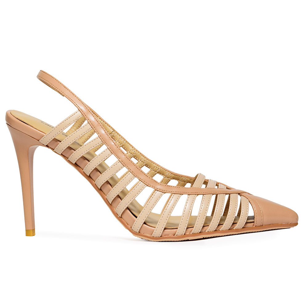 Laura Biagiotti sandalo slingback nude a strisce con tacco 10 e punta sottile