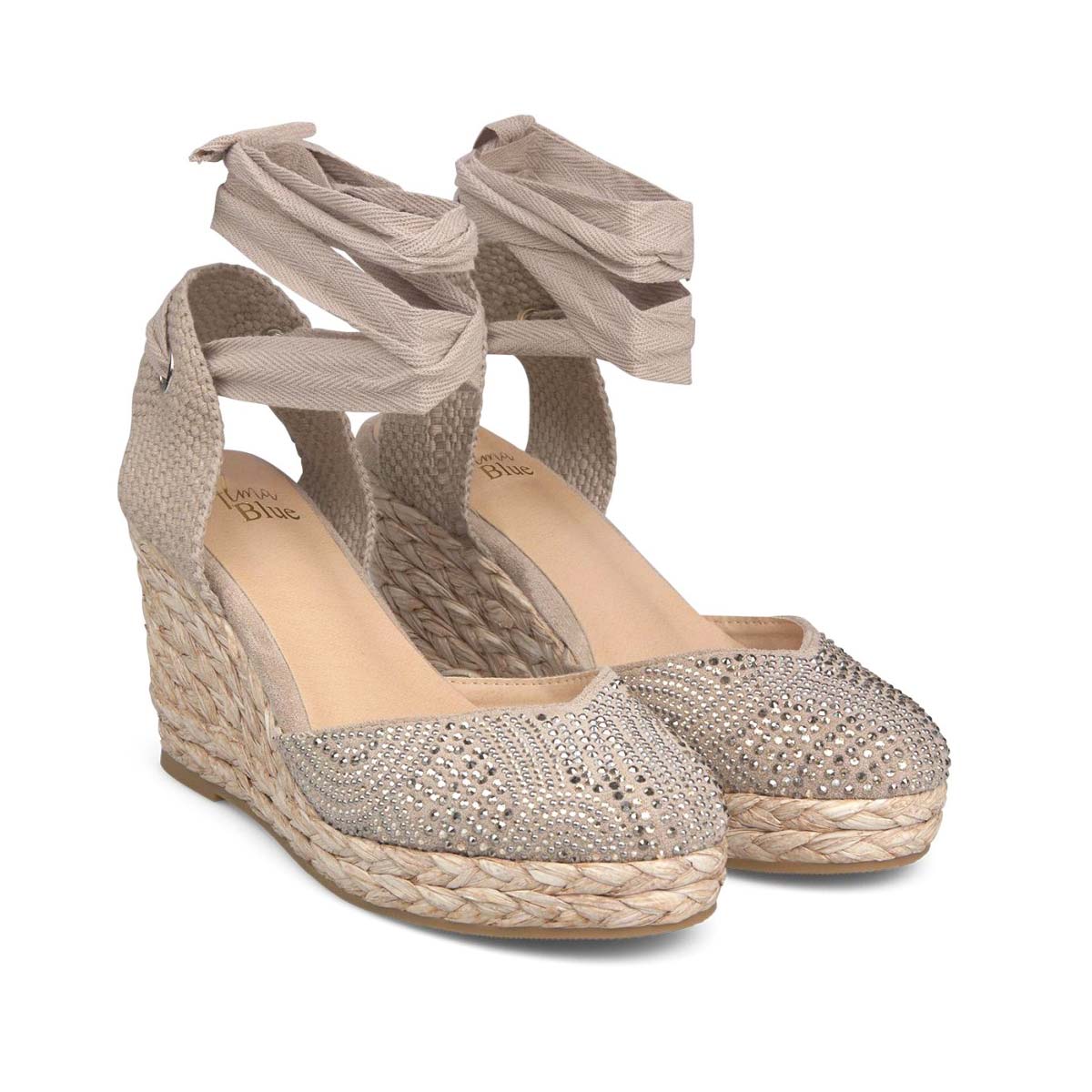 Alma Blue  Espadrillas beige con strass zeppa in corda laccio alla schiava