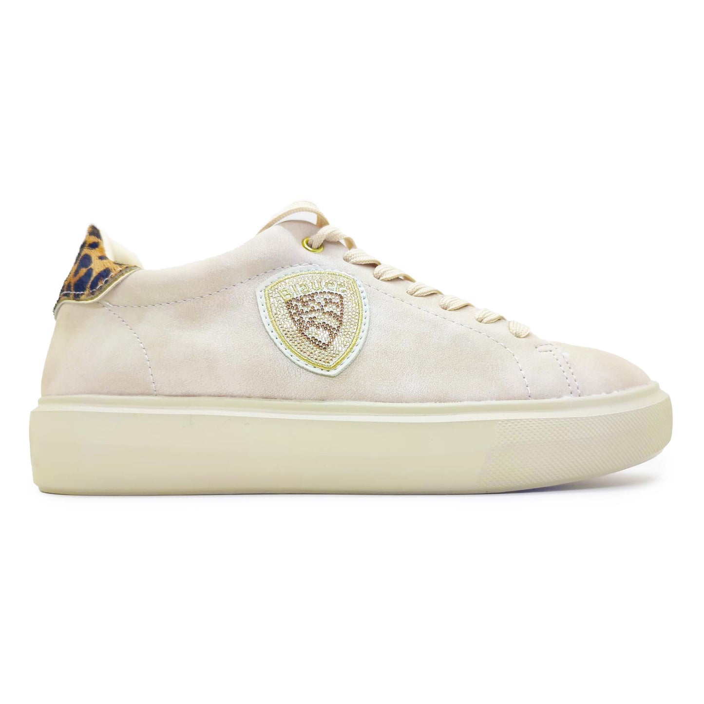 Blauer sneakers in pelle beige con lacci e logo brillantinato tallone leopardato