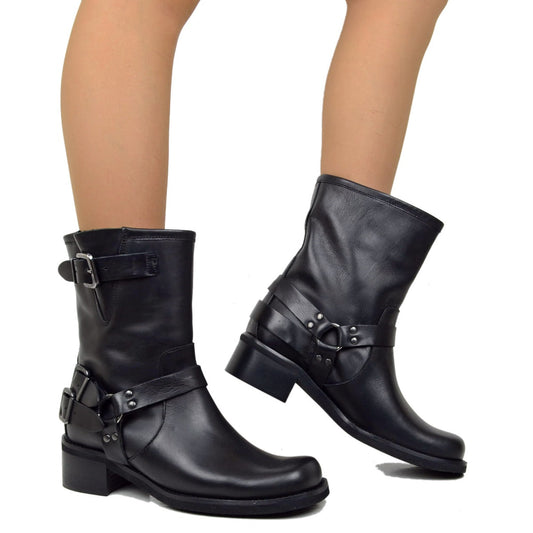 Made in Italy stivaletto in pelle Nero punta quadra con fibbia