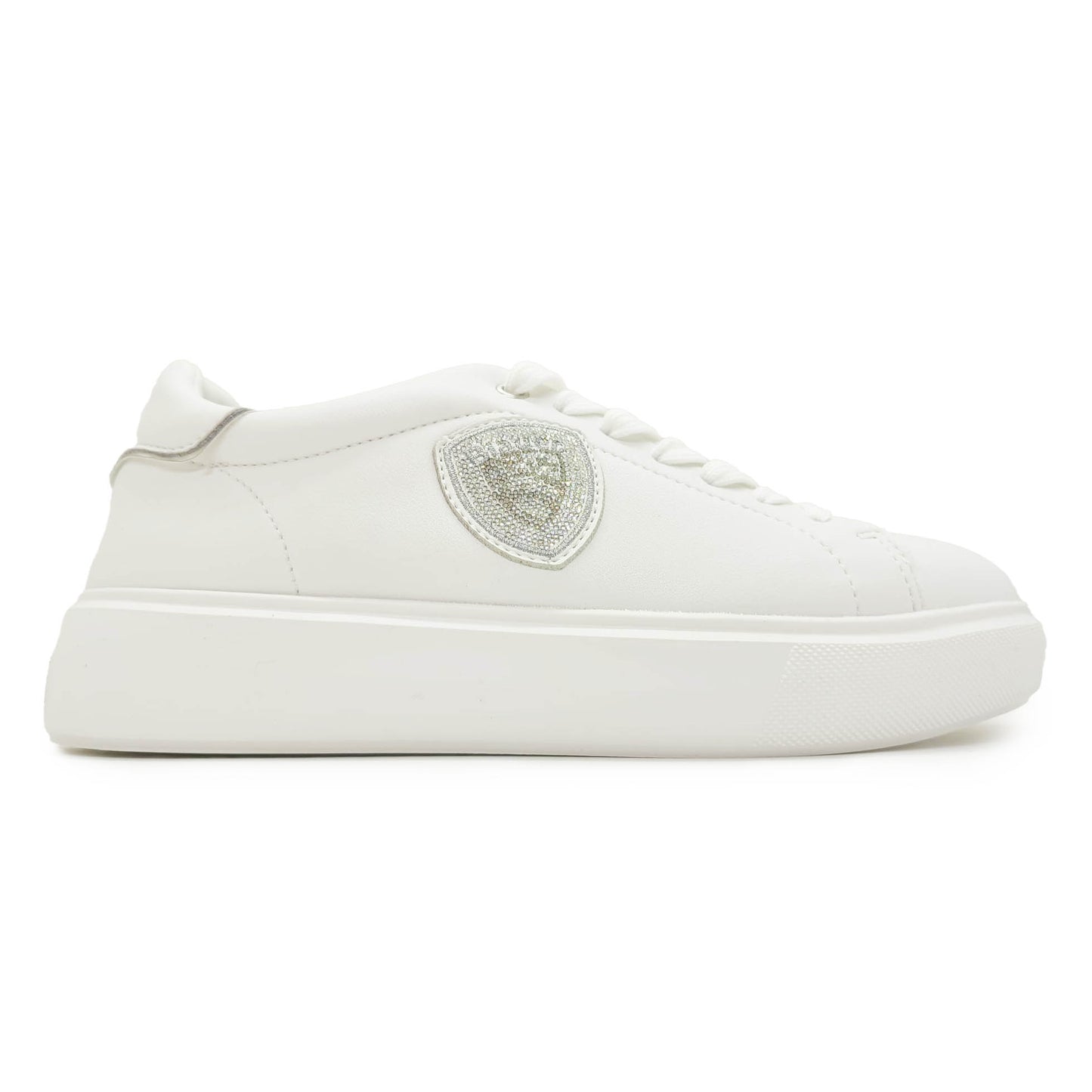 Blauer sneakers in pelle bianca con logo brillantini fondo gomma