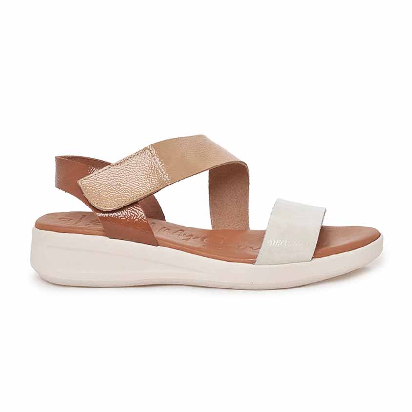 Oh My Sandals sandalo cuoio a strappo con cinturino bianco e sabbia lucidi