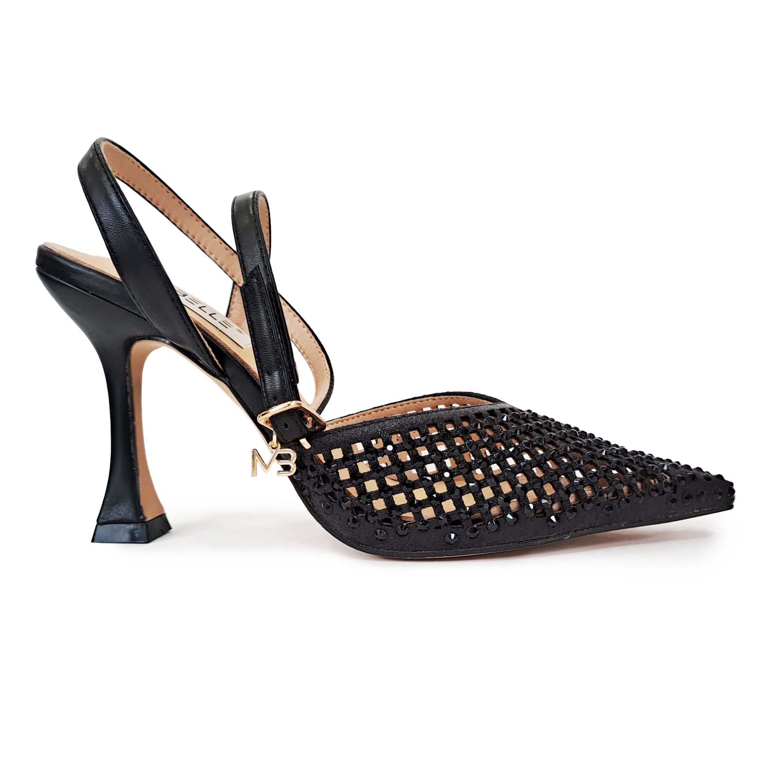 MIABELLE Sligback in pelle nera con cinturino alla caviglia strass tacco 95