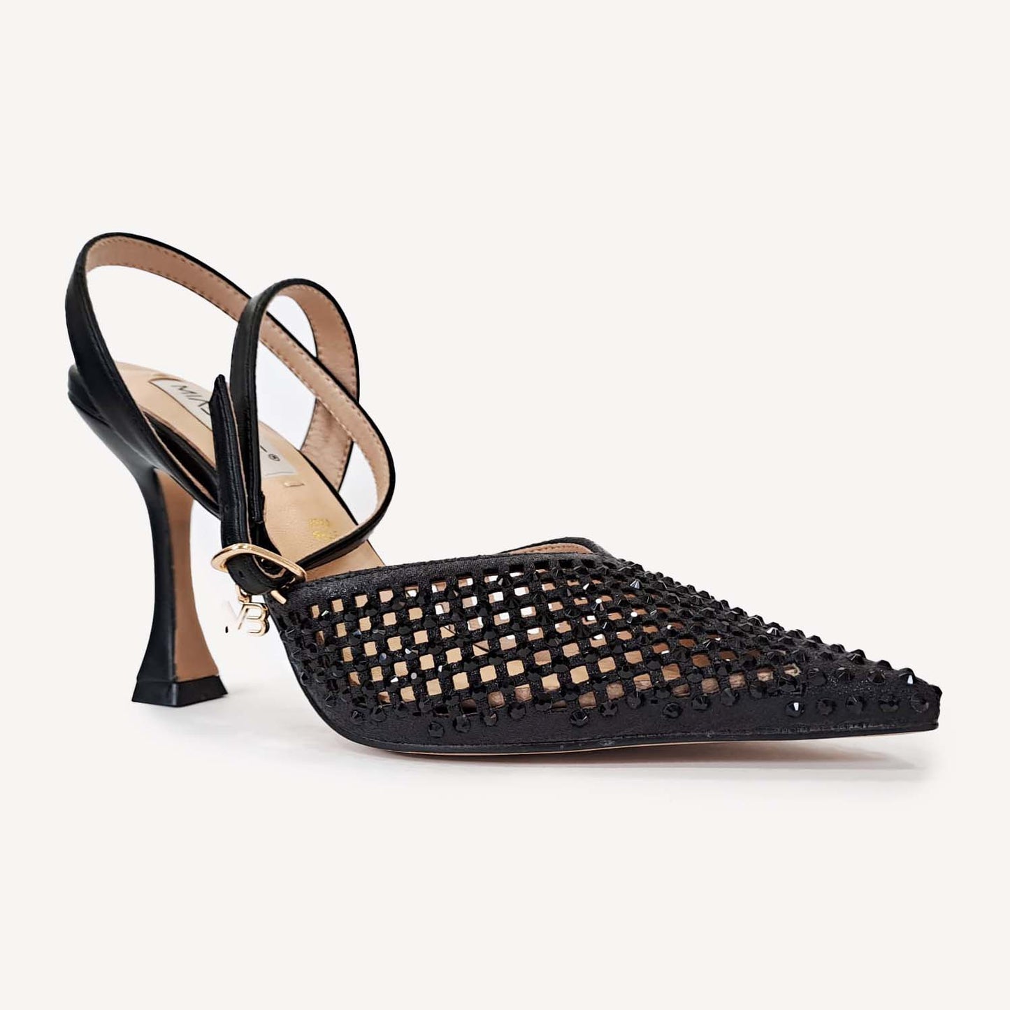 MIABELLE Sligback in pelle nera con cinturino alla caviglia strass tacco 95