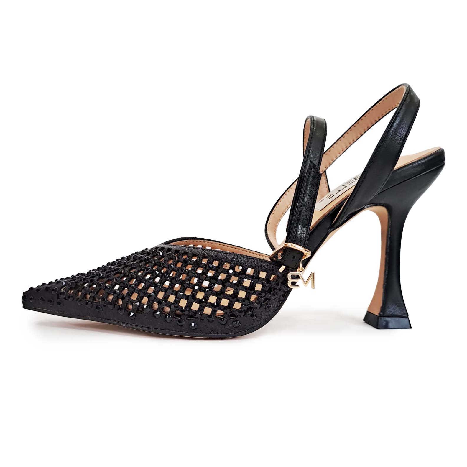 MIABELLE Sligback in pelle nera con cinturino alla caviglia strass tacco 95