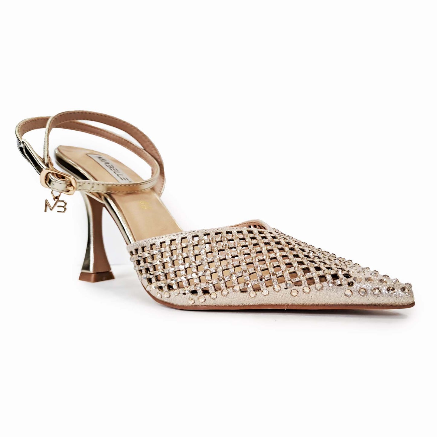MIABELLE Sligback in pelle platino con cinturino alla caviglia strass tacco 95