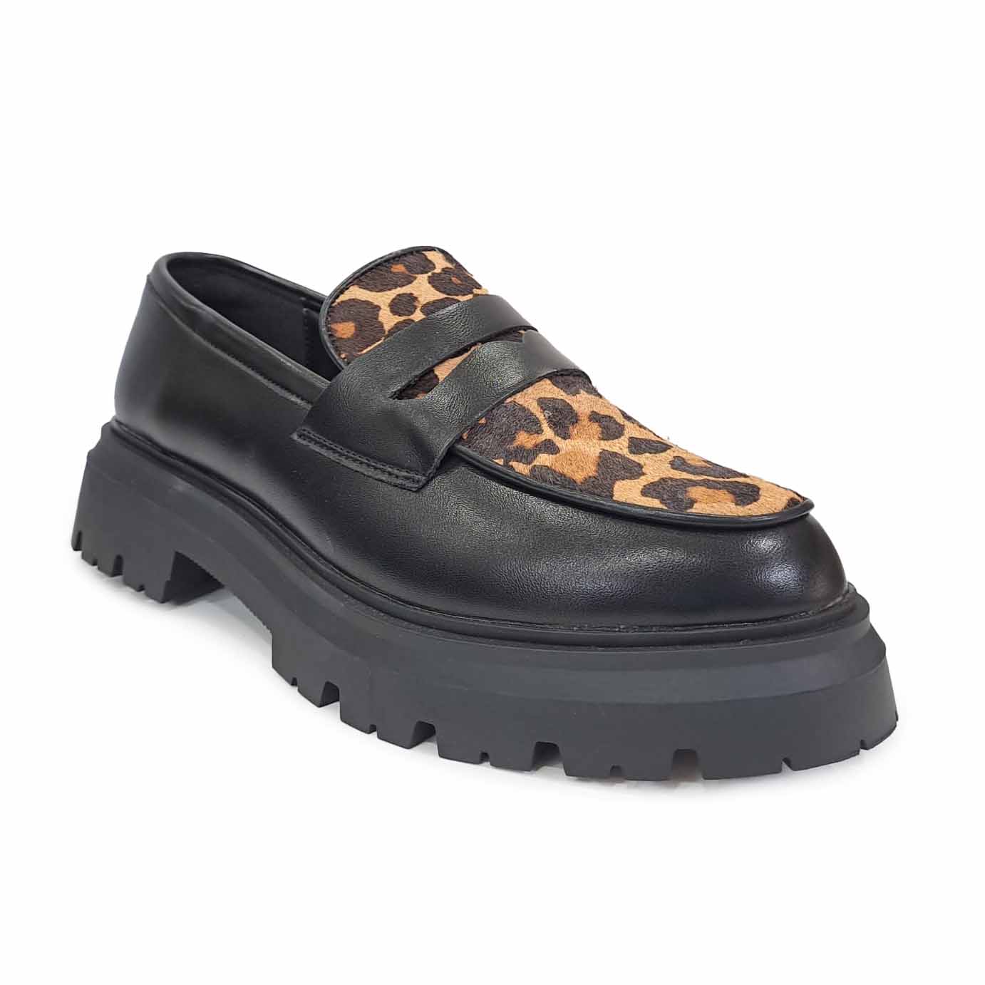Mocassini i n pelle Nero Leopard