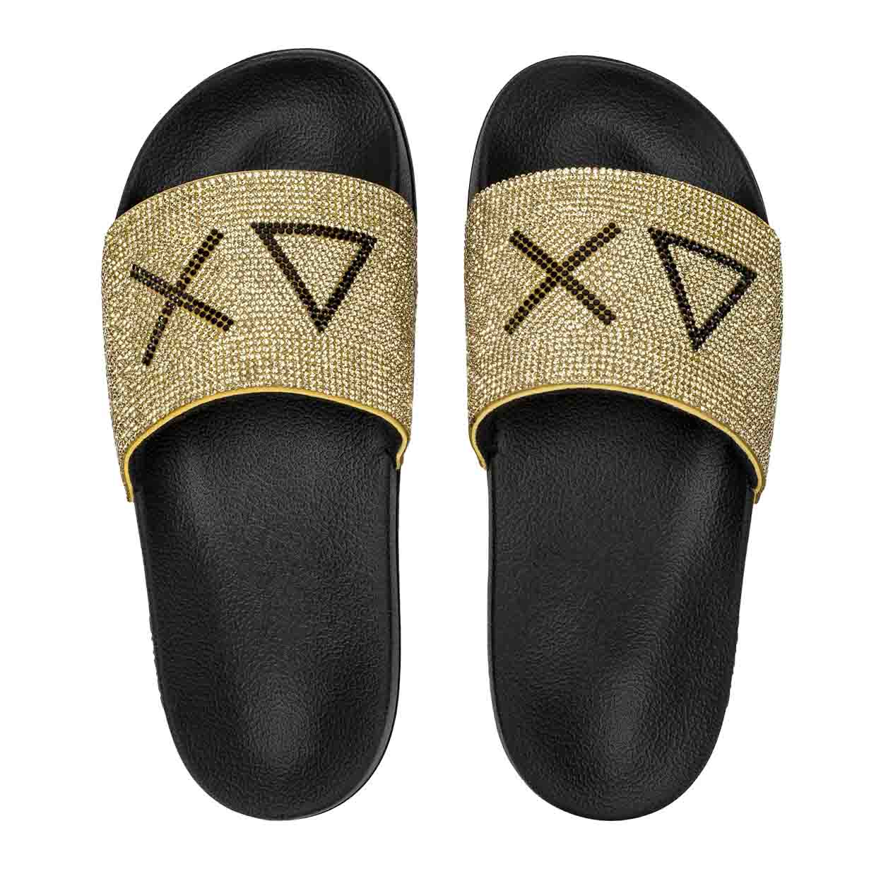 X36211 SLIPPERS STRASS LOGO NERO/ORO